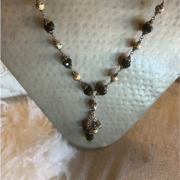 French Onyx, Dalmatian Faceted Beads, 925 Sterling Silver Necklace & Earrings. - Picture 10 of 13